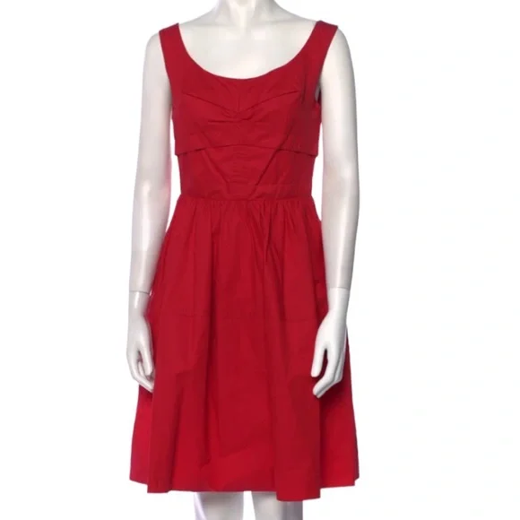 Carven | Dresses | Carven Red Scoop Neck Knee Length Cotton Sleeveless Dress  42 Back Zip Pockets | Poshmark
